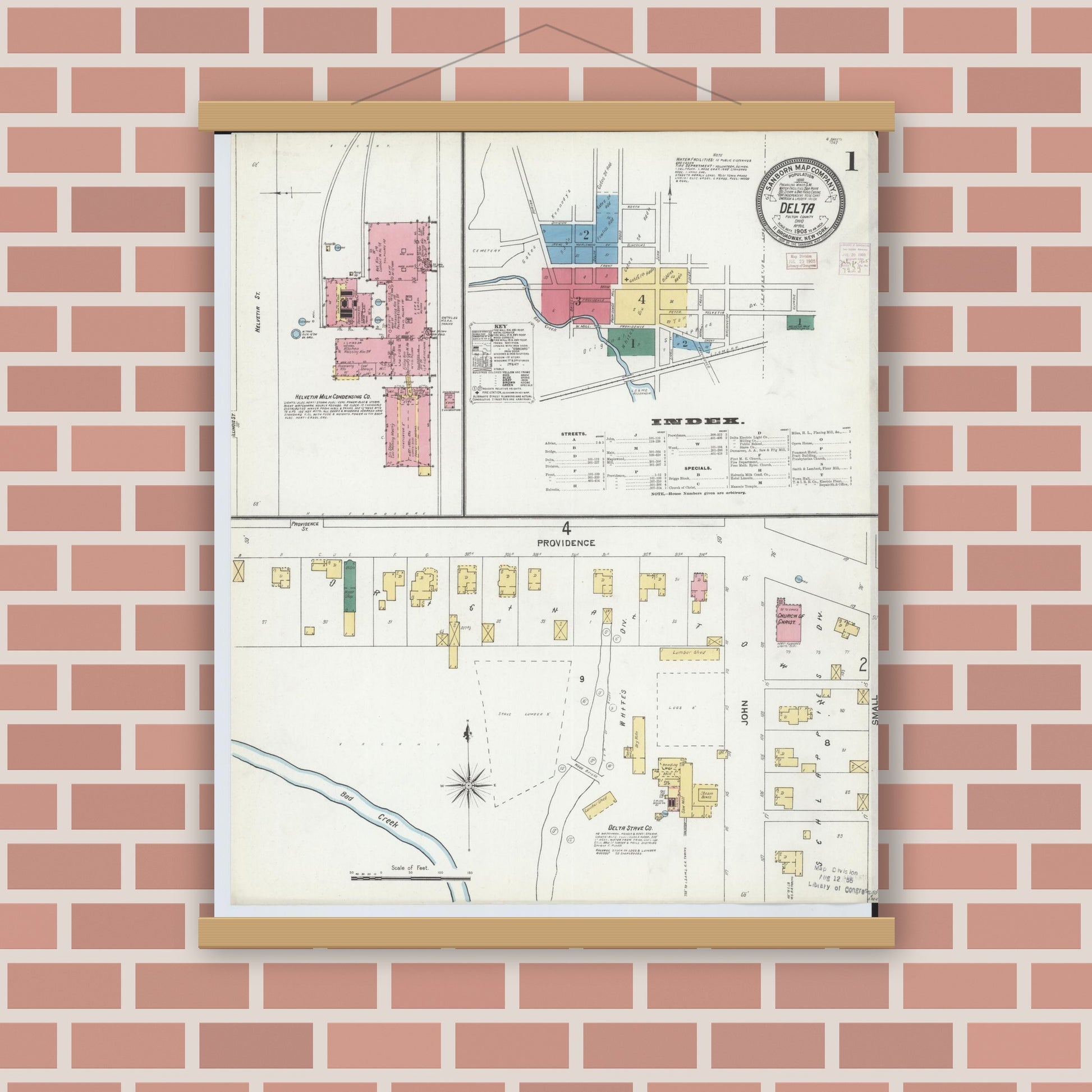 Old map wall art mockup — magnetic wood frame on brick wall — Sanborn Fire Insurance Map from Delta, Fulton County, Ohio (1905), Sheet #0001