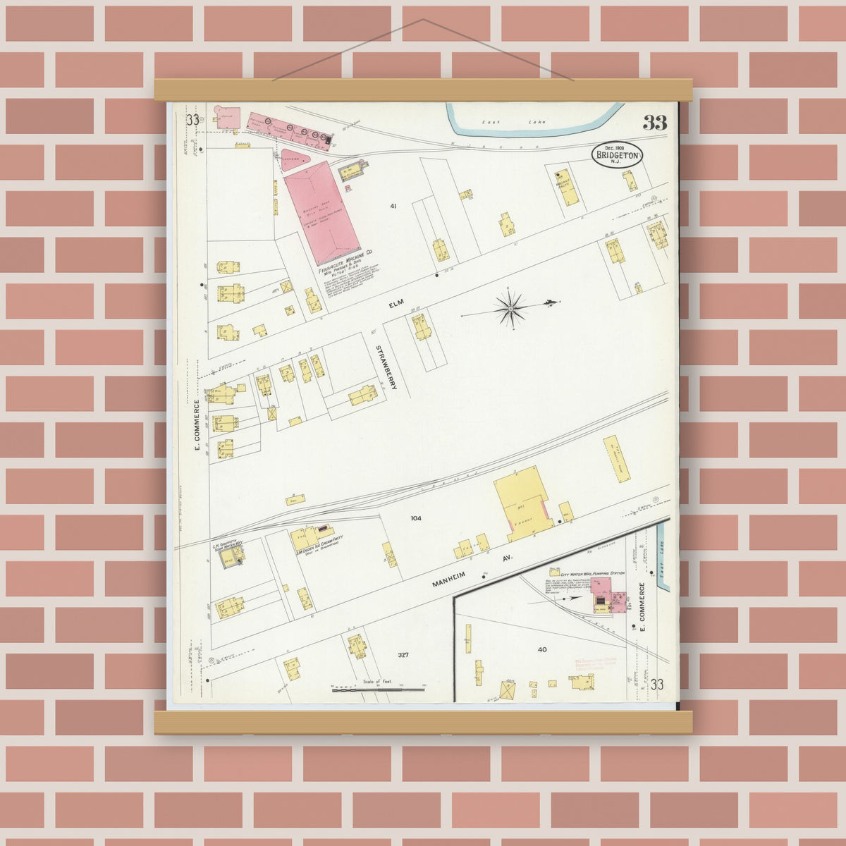 Old map wall art mockup — magnetic wood frame on brick wall — Sanborn Fire Insurance Map from Bridgeton, Cumberland County, New Jersey (1908), Sheet #0033