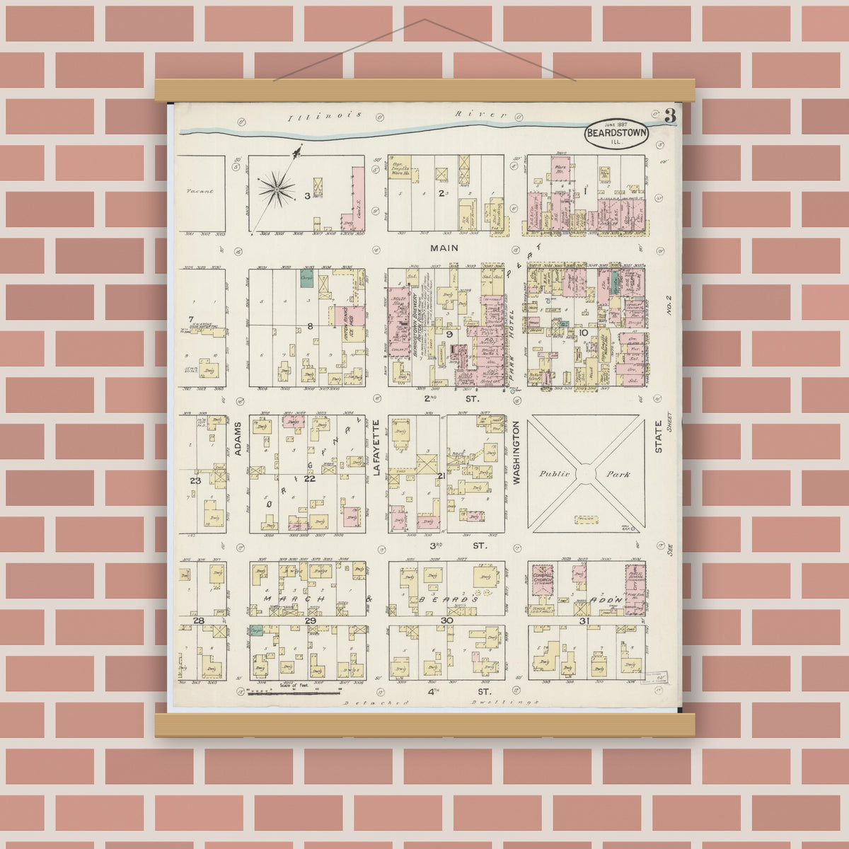 Old map wall art mockup — magnetic wood frame on brick wall — Sanborn Fire Insurance Map from Beardstown, Cass County, Illinois (1887), Sheet #0003