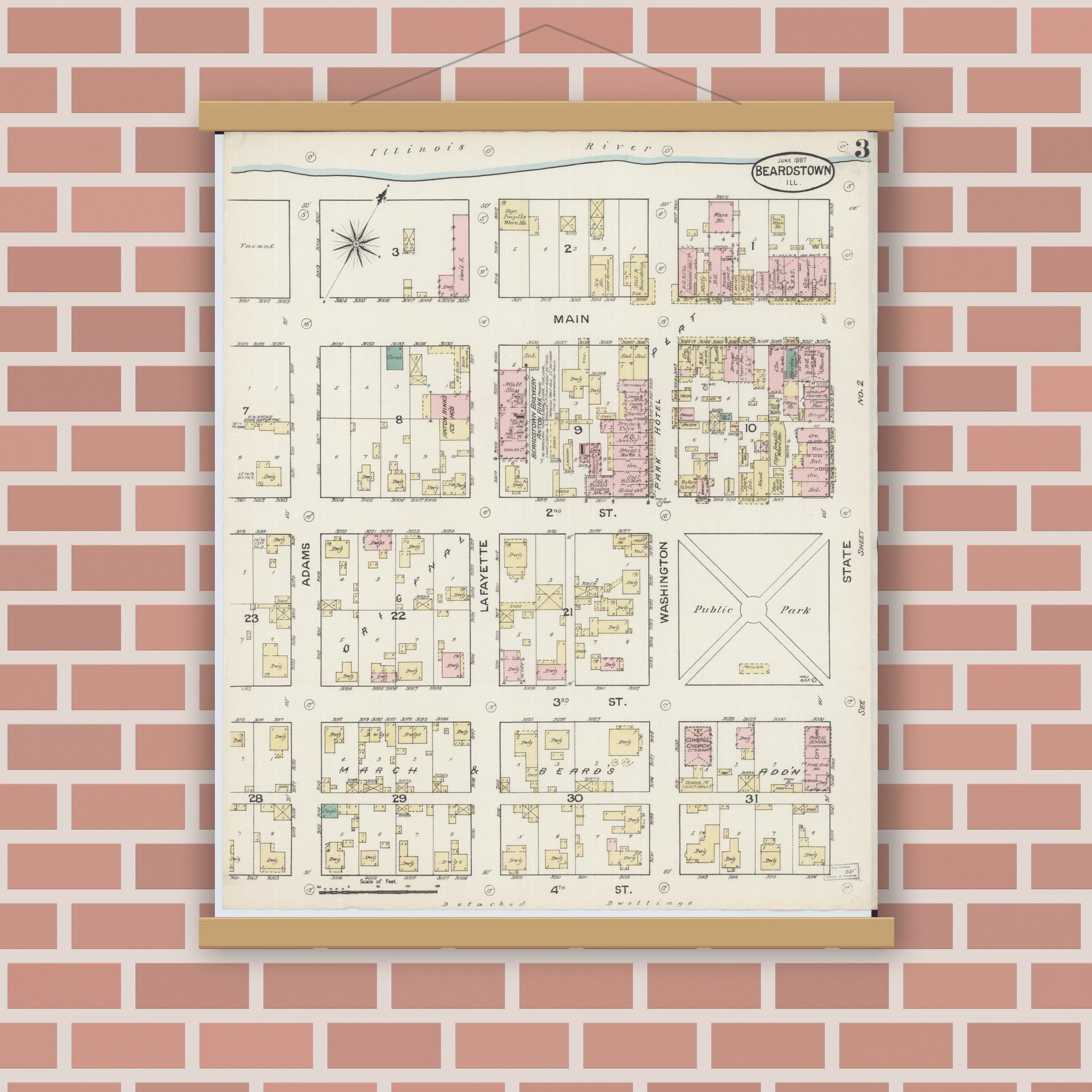 Old map wall art mockup — magnetic wood frame on brick wall — Sanborn Fire Insurance Map from Beardstown, Cass County, Illinois (1887), Sheet #0003