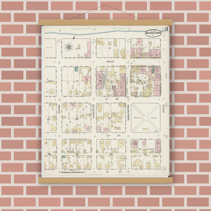 Old map wall art mockup — magnetic wood frame on brick wall — Sanborn Fire Insurance Map from Beardstown, Cass County, Illinois (1887), Sheet #0003