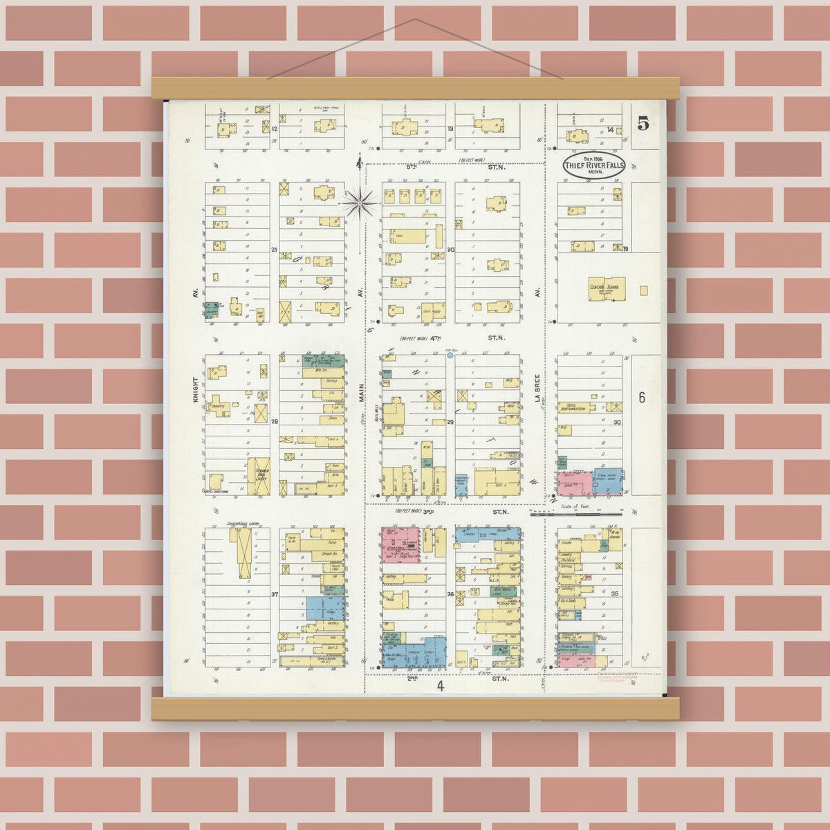 Old map wall art mockup — magnetic wood frame on brick wall — Sanborn Fire Insurance Map from Thief River Falls, Pennington County, Minnesota (1906), Sheet #0005