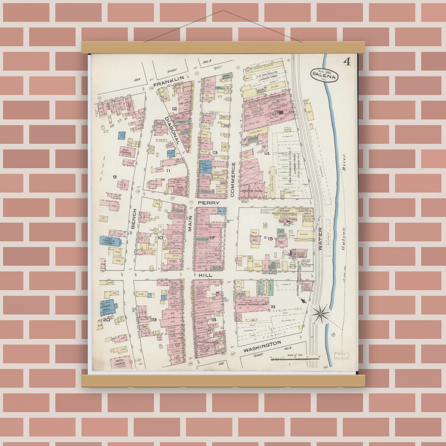 Old map wall art mockup — magnetic wood frame on brick wall — Sanborn Fire Insurance Map from Galena, Jo Daviess County, Illinois (1885), Sheet #0004