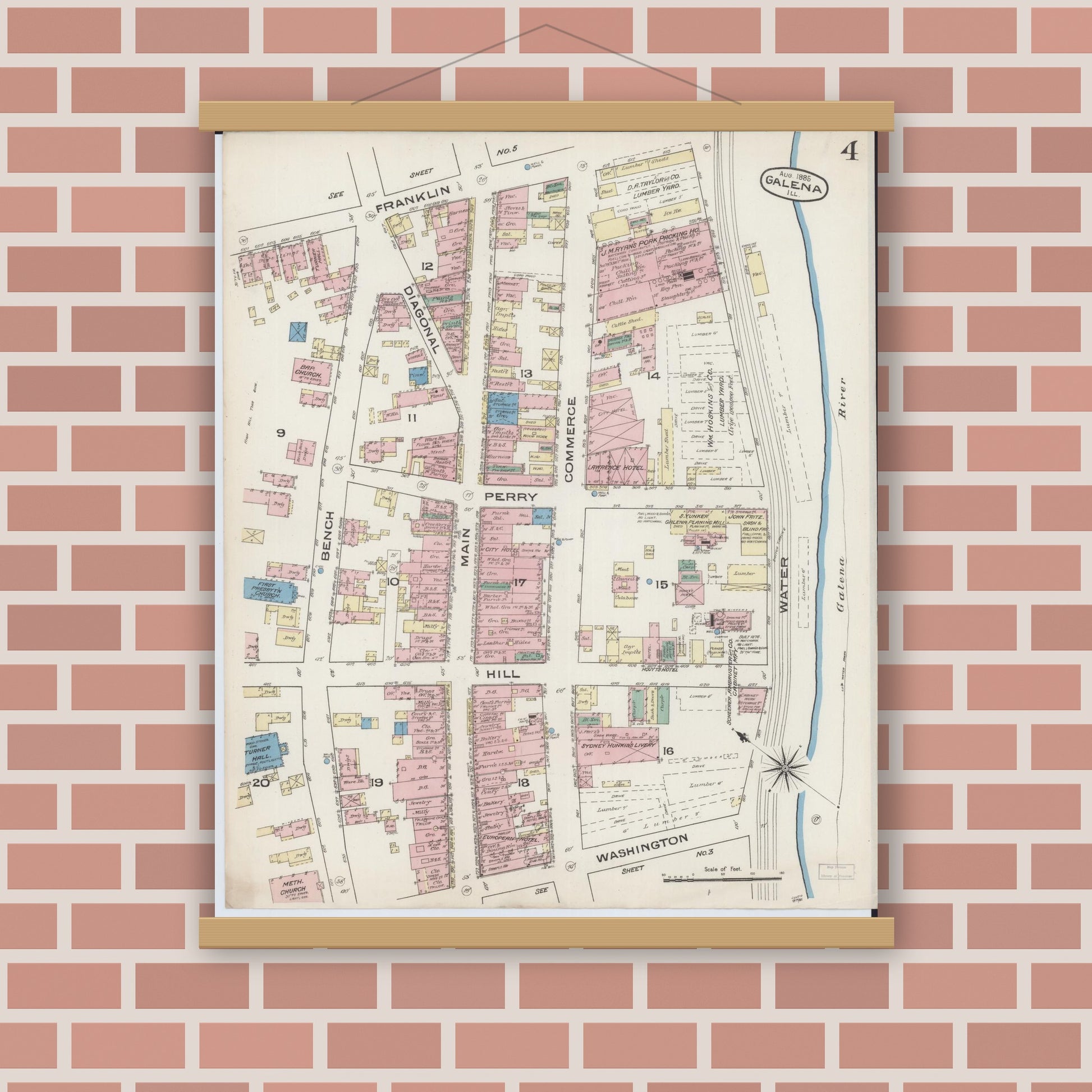 Old map wall art mockup — magnetic wood frame on brick wall — Sanborn Fire Insurance Map from Galena, Jo Daviess County, Illinois (1885), Sheet #0004