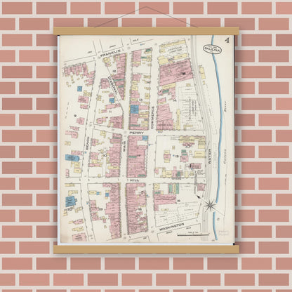 Old map wall art mockup — magnetic wood frame on brick wall — Sanborn Fire Insurance Map from Galena, Jo Daviess County, Illinois (1885), Sheet #0004