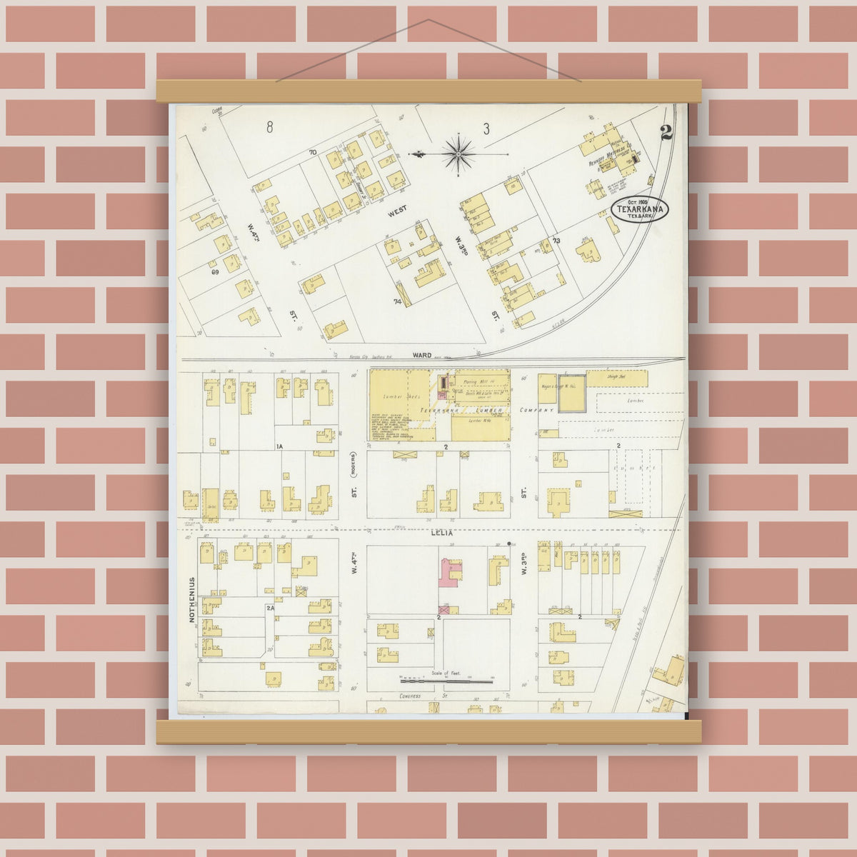 Old map wall art mockup — magnetic wood frame on brick wall — Sanborn Fire Insurance Map from Texarkana, Bowie County, Texas (1905), Sheet #0002