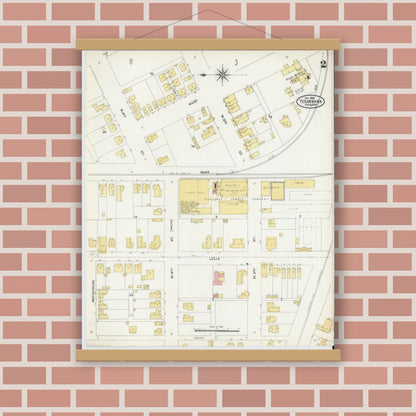 Old map wall art mockup — magnetic wood frame on brick wall — Sanborn Fire Insurance Map from Texarkana, Bowie County, Texas (1905), Sheet #0002