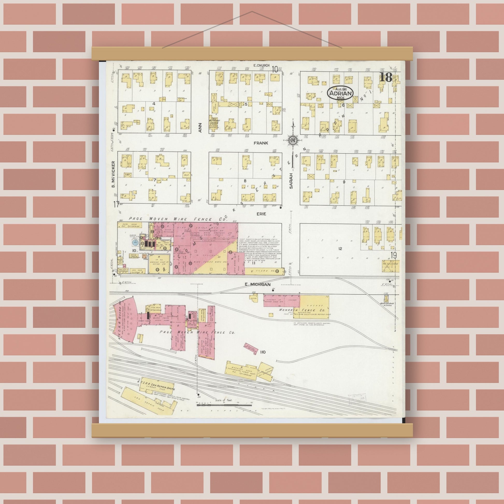 Old map wall art mockup — magnetic wood frame on brick wall — Sanborn Fire Insurance Map from Adrian, Lenawee County, Michigan (1916), Sheet #0018