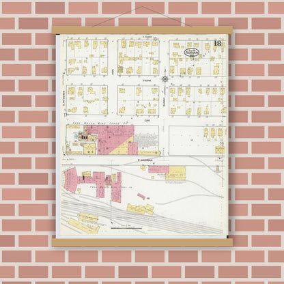 Old map wall art mockup — magnetic wood frame on brick wall — Sanborn Fire Insurance Map from Adrian, Lenawee County, Michigan (1916), Sheet #0018