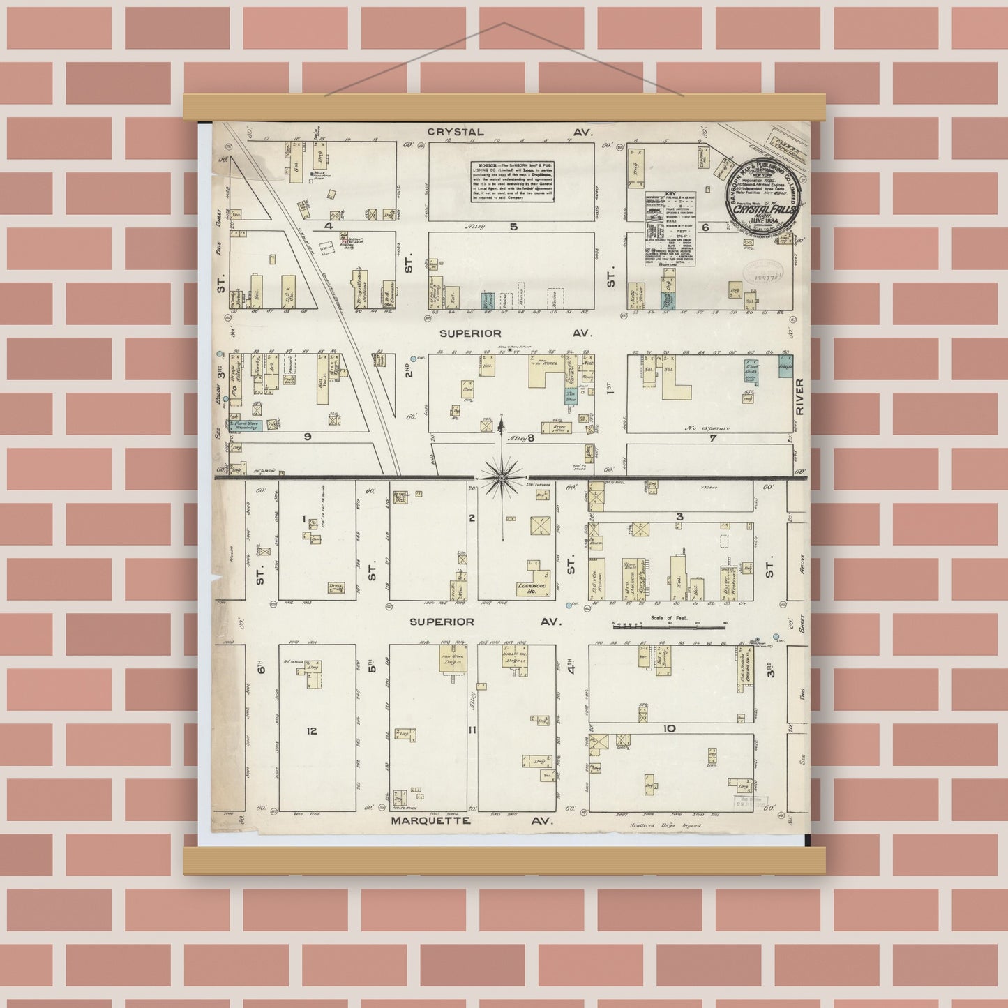 Old map wall art mockup — magnetic wood frame on brick wall — Sanborn Fire Insurance Map from Crystal Falls, Iron County, Michigan (1884), Sheet #0001