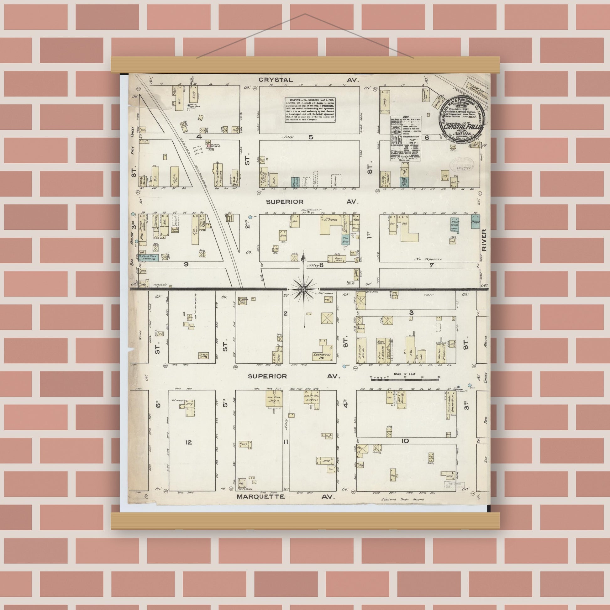 Old map wall art mockup — magnetic wood frame on brick wall — Sanborn Fire Insurance Map from Crystal Falls, Iron County, Michigan (1884), Sheet #0001