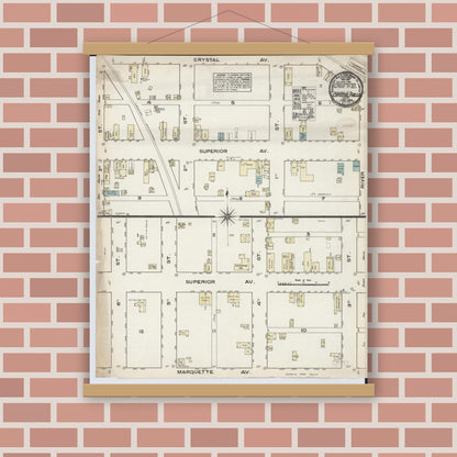 Old map wall art mockup — magnetic wood frame on brick wall — Sanborn Fire Insurance Map from Crystal Falls, Iron County, Michigan (1884), Sheet #0001