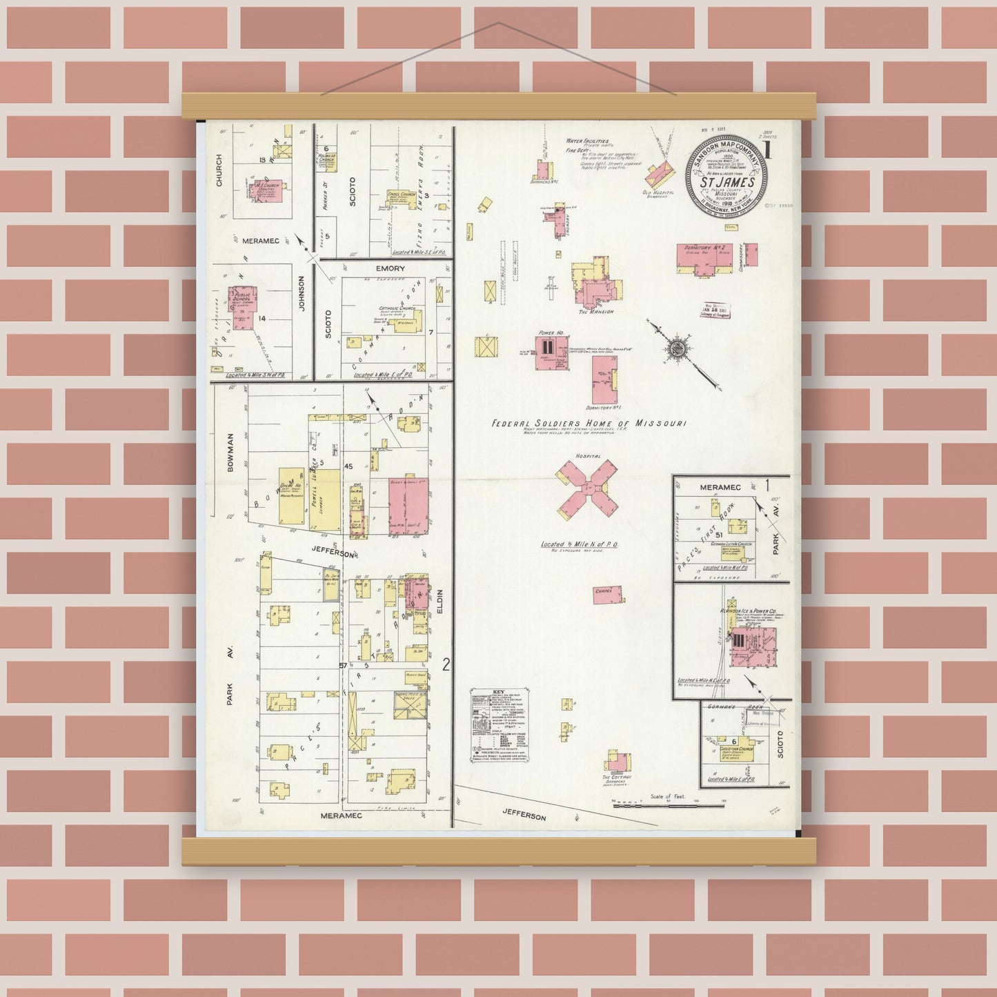 Old map wall art mockup — magnetic wood frame on brick wall — Sanborn Fire Insurance Map from Saint James, Phelps County, Missouri (1910) - Complete Map Set