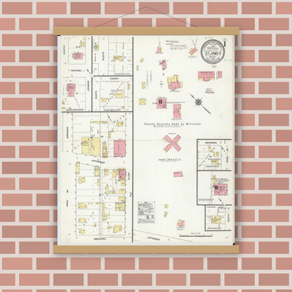 Old map wall art mockup — magnetic wood frame on brick wall — Sanborn Fire Insurance Map from Saint James, Phelps County, Missouri (1910) - Complete Map Set