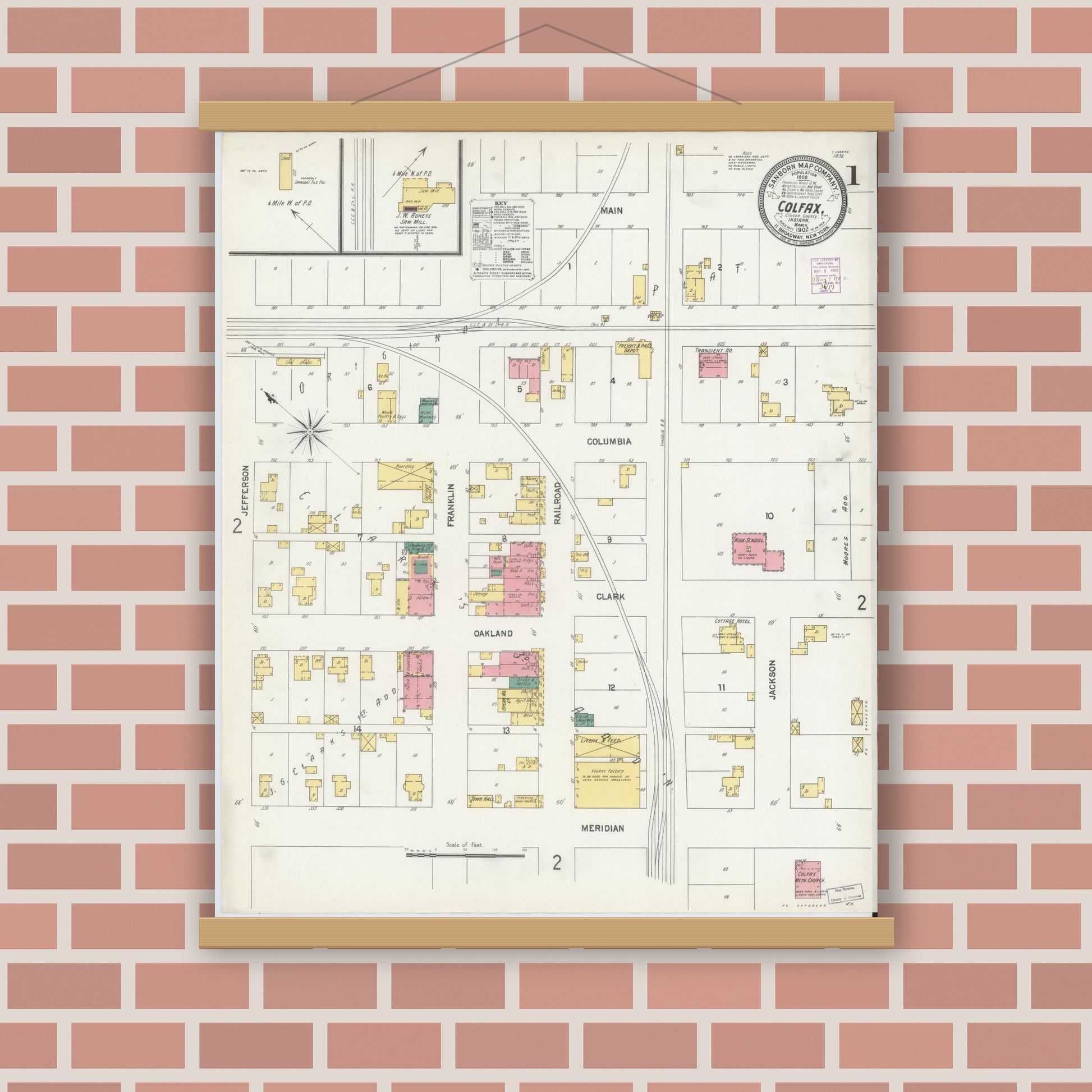 Old map wall art mockup — magnetic wood frame on brick wall — Sanborn Fire Insurance Map from Colfax, Clinton County, Indiana (1902) - Complete Map Set