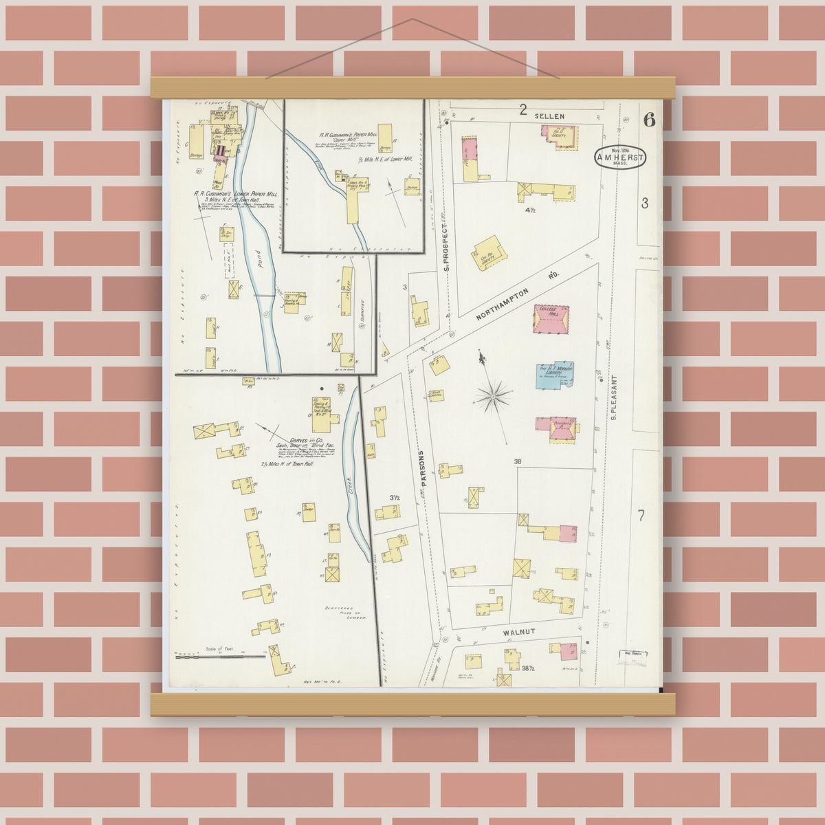 Old map wall art mockup — magnetic wood frame on brick wall — Sanborn Fire Insurance Map from Amherst, Hampshire County, Massachusetts (1896), Sheet #0006