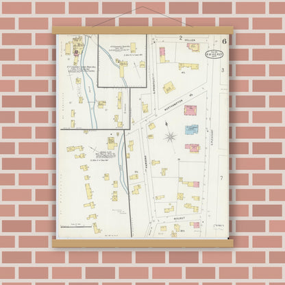 Old map wall art mockup — magnetic wood frame on brick wall — Sanborn Fire Insurance Map from Amherst, Hampshire County, Massachusetts (1896), Sheet #0006