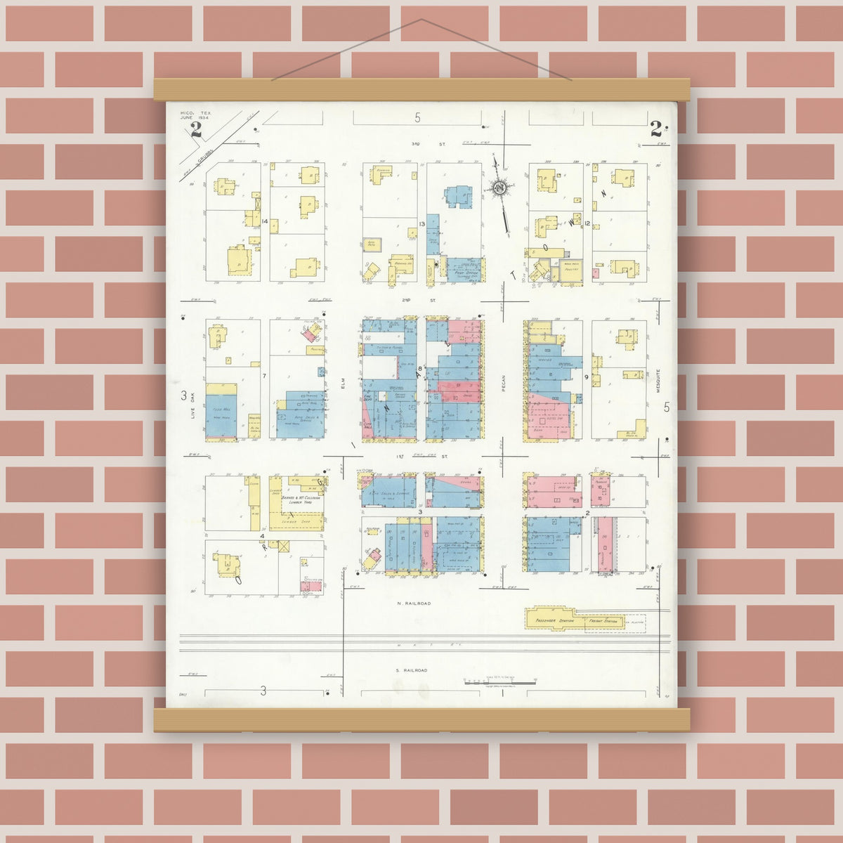 Old map wall art mockup — magnetic wood frame on brick wall — Sanborn Fire Insurance Map from Hico, Hamilton County, Texas (1934), Sheet #0002