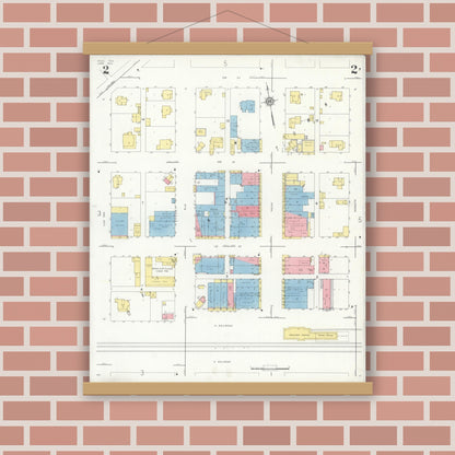 Old map wall art mockup — magnetic wood frame on brick wall — Sanborn Fire Insurance Map from Hico, Hamilton County, Texas (1934), Sheet #0002