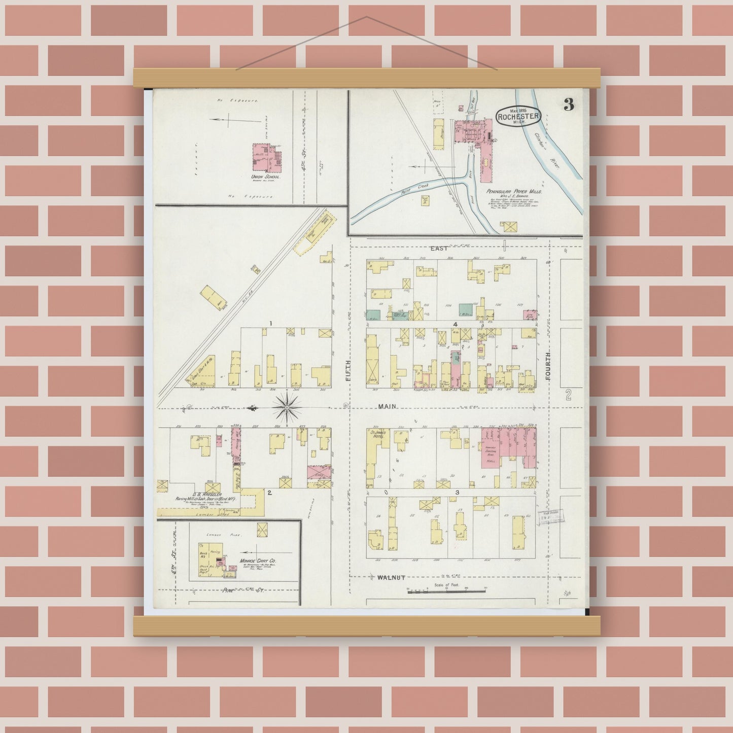 Old map wall art mockup — magnetic wood frame on brick wall — Sanborn Fire Insurance Map from Rochester, Oakland County, Michigan (1895), Sheet #0003