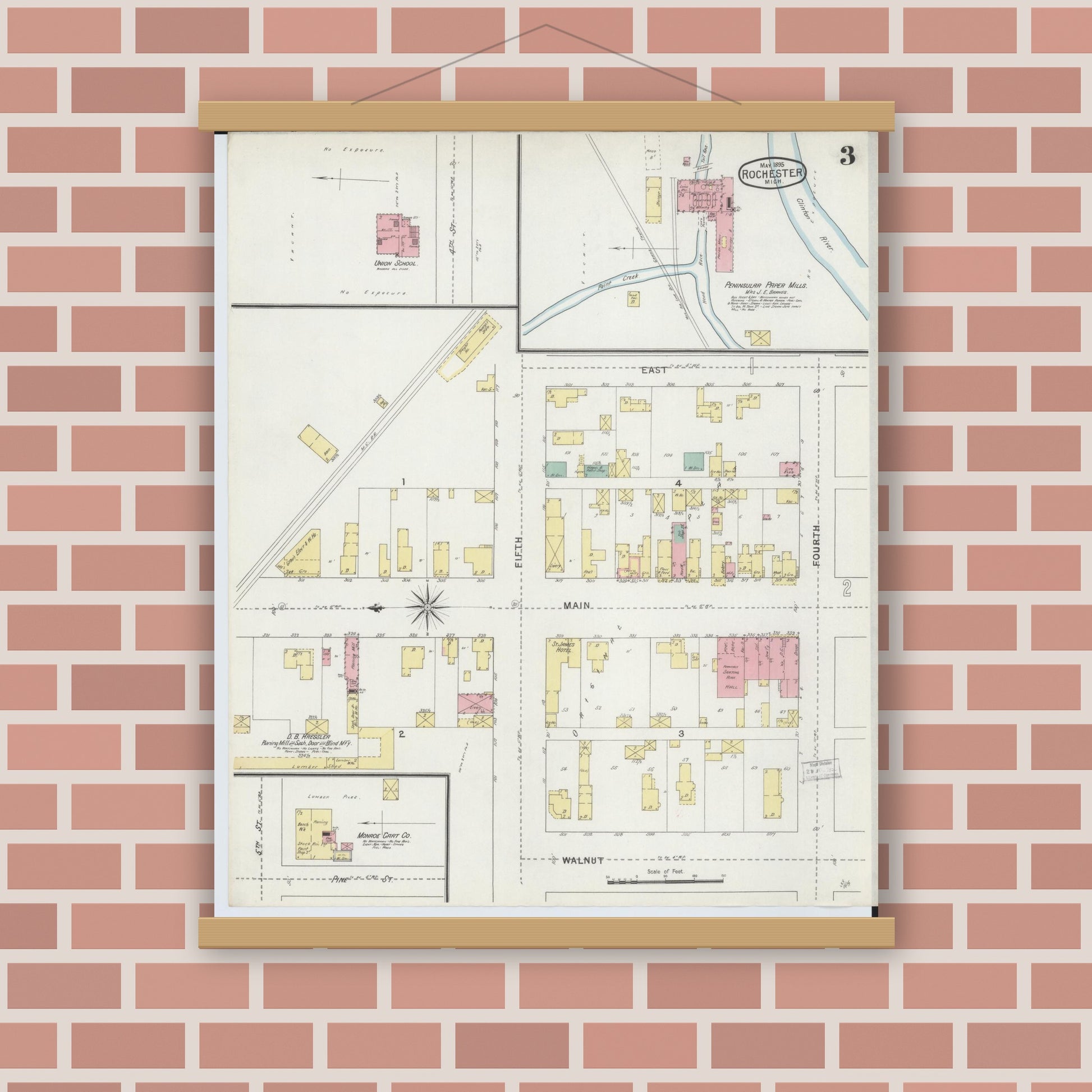 Old map wall art mockup — magnetic wood frame on brick wall — Sanborn Fire Insurance Map from Rochester, Oakland County, Michigan (1895), Sheet #0003
