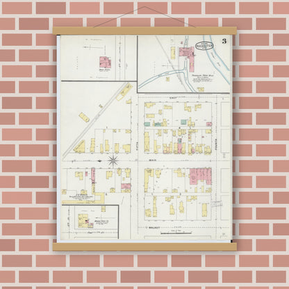 Old map wall art mockup — magnetic wood frame on brick wall — Sanborn Fire Insurance Map from Rochester, Oakland County, Michigan (1895), Sheet #0003