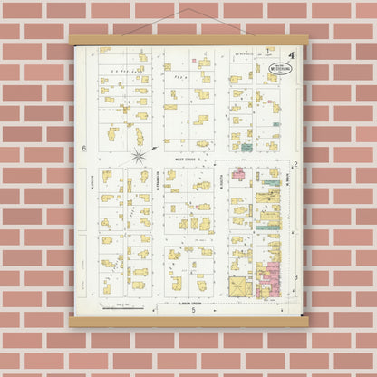Old map wall art mockup — magnetic wood frame on brick wall — Sanborn Fire Insurance Map from Mount Sterling, Brown County, Illinois (1900), Sheet #0004