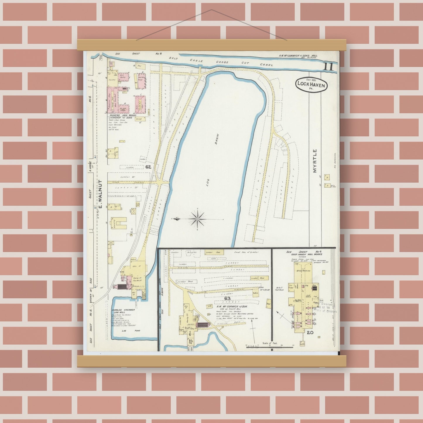 Old map wall art mockup — magnetic wood frame on brick wall — Sanborn Fire Insurance Map from Lock Haven, Clinton County, Pennsylvania (1891), Sheet #0011
