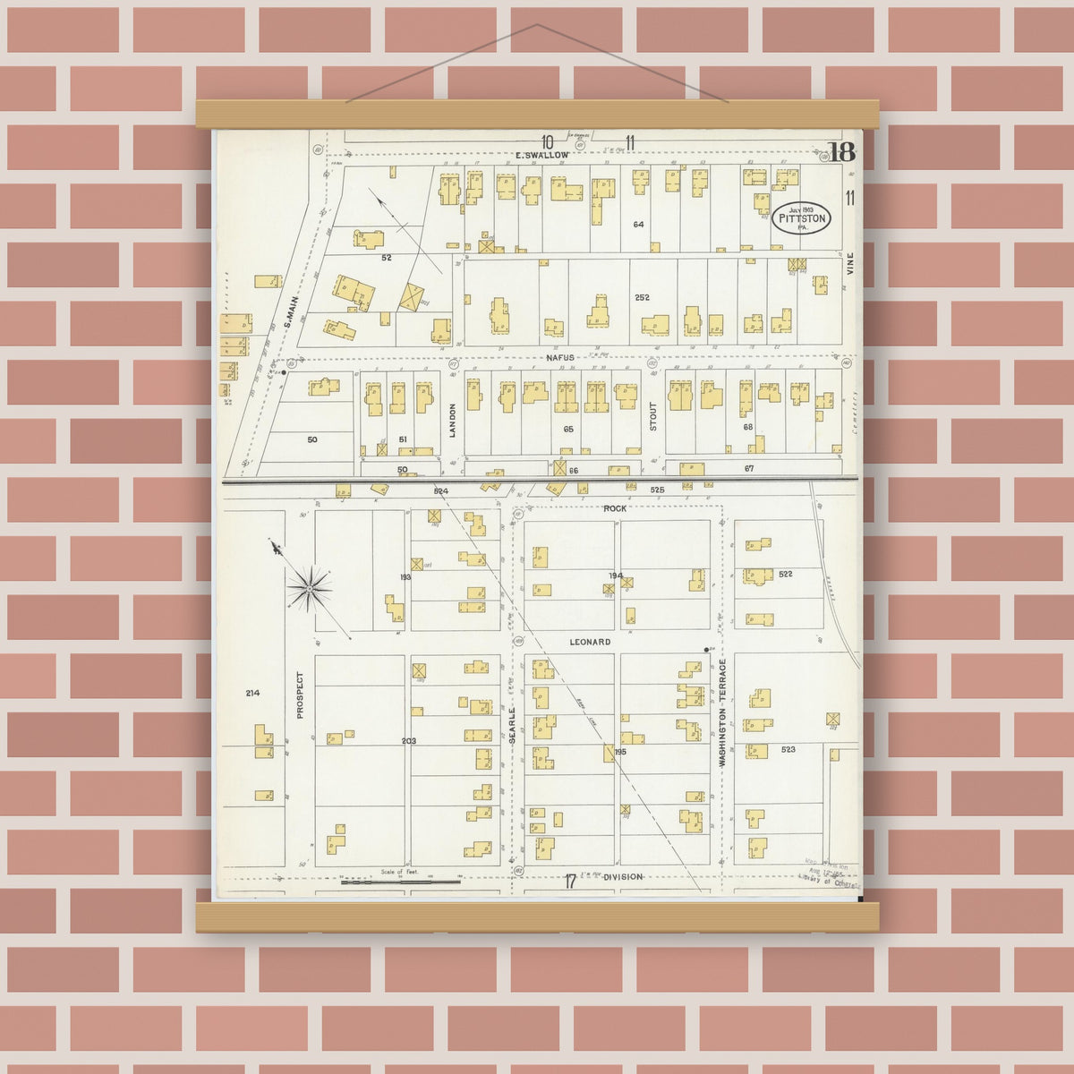 Old map wall art mockup — magnetic wood frame on brick wall — Sanborn Fire Insurance Map from Pittston, Luzerne County, Pennsylvania (1903), Sheet #0018