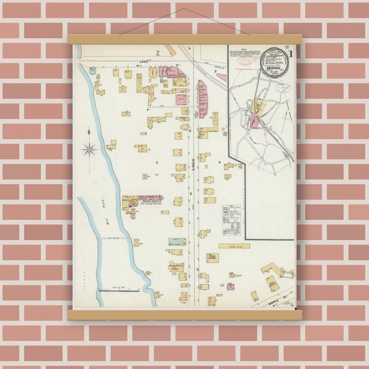 Old map wall art mockup — magnetic wood frame on brick wall — Sanborn Fire Insurance Map from Monroe, Orange County, New York (1897) - Complete Map Set
