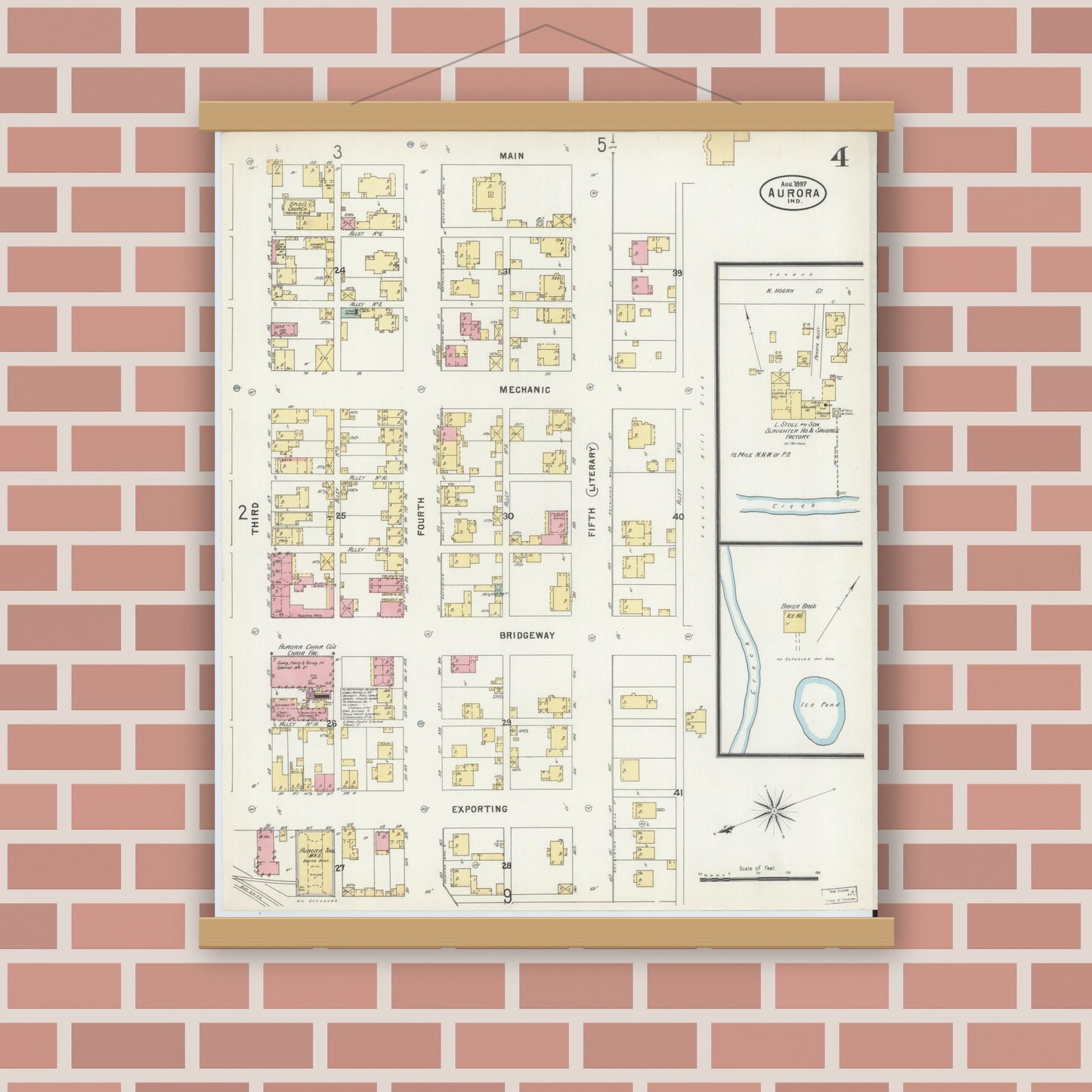 Old map wall art mockup — magnetic wood frame on brick wall — Sanborn Fire Insurance Map from Aurora, Dearborn County, Indiana (1897), Sheet #0004