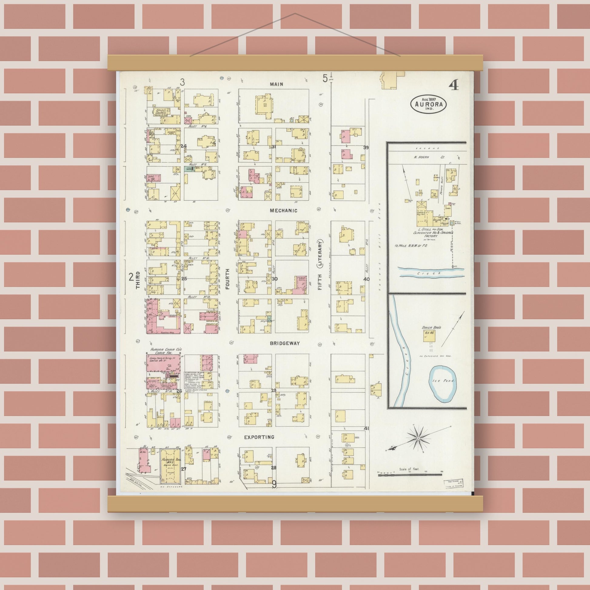 Old map wall art mockup — magnetic wood frame on brick wall — Sanborn Fire Insurance Map from Aurora, Dearborn County, Indiana (1897), Sheet #0004