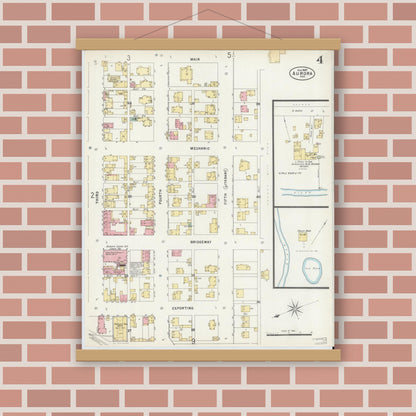 Old map wall art mockup — magnetic wood frame on brick wall — Sanborn Fire Insurance Map from Aurora, Dearborn County, Indiana (1897), Sheet #0004