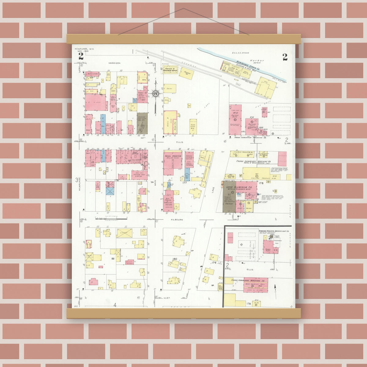 Old map wall art mockup — magnetic wood frame on brick wall — Sanborn Fire Insurance Map from Kewaunee, Kewaunee County, Wisconsin (1933), Sheet #0002
