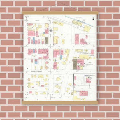 Old map wall art mockup — magnetic wood frame on brick wall — Sanborn Fire Insurance Map from Kewaunee, Kewaunee County, Wisconsin (1933), Sheet #0002