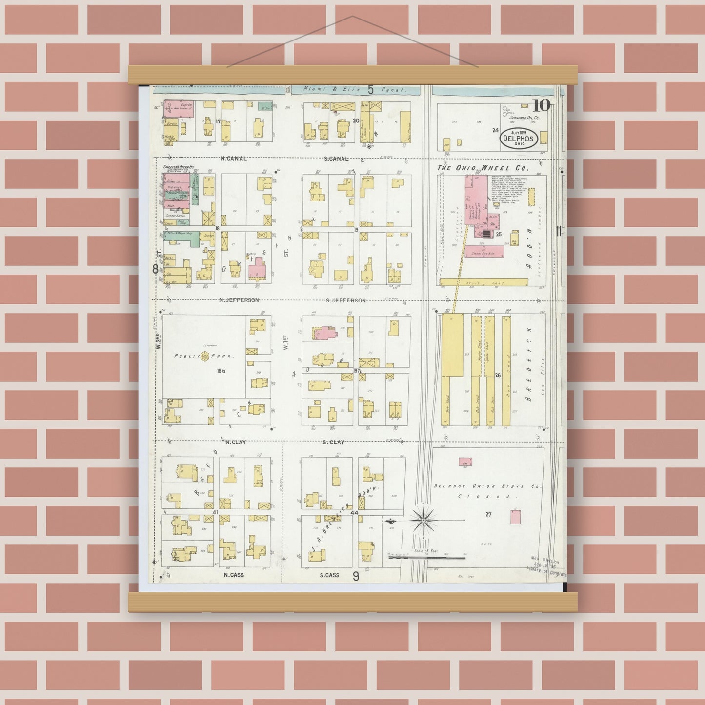 Old map wall art mockup — magnetic wood frame on brick wall — Sanborn Fire Insurance Map from Delphos, Van Wert And Allen Counties, Ohio (1899), Sheet #0010