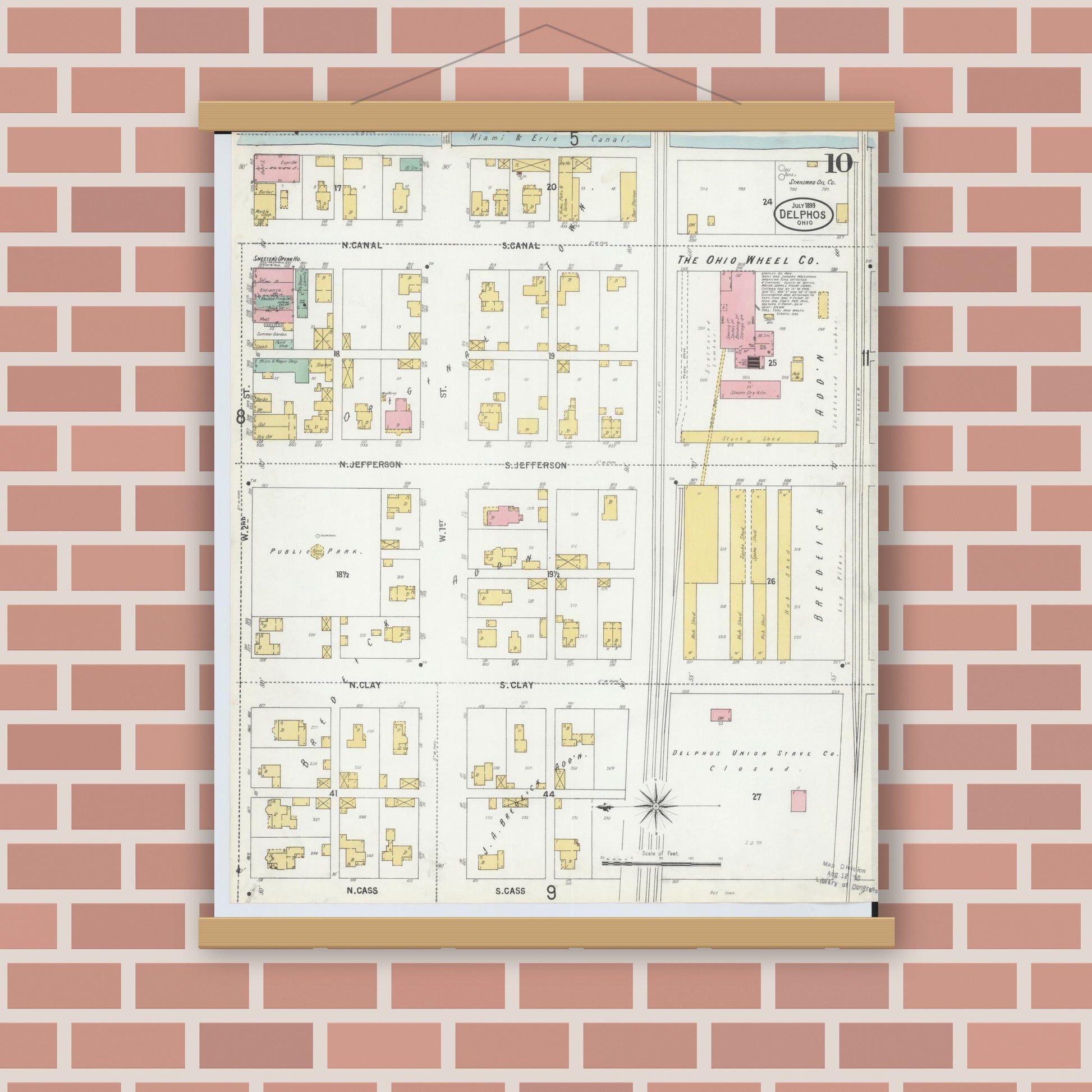 Old map wall art mockup — magnetic wood frame on brick wall — Sanborn Fire Insurance Map from Delphos, Van Wert And Allen Counties, Ohio (1899), Sheet #0010