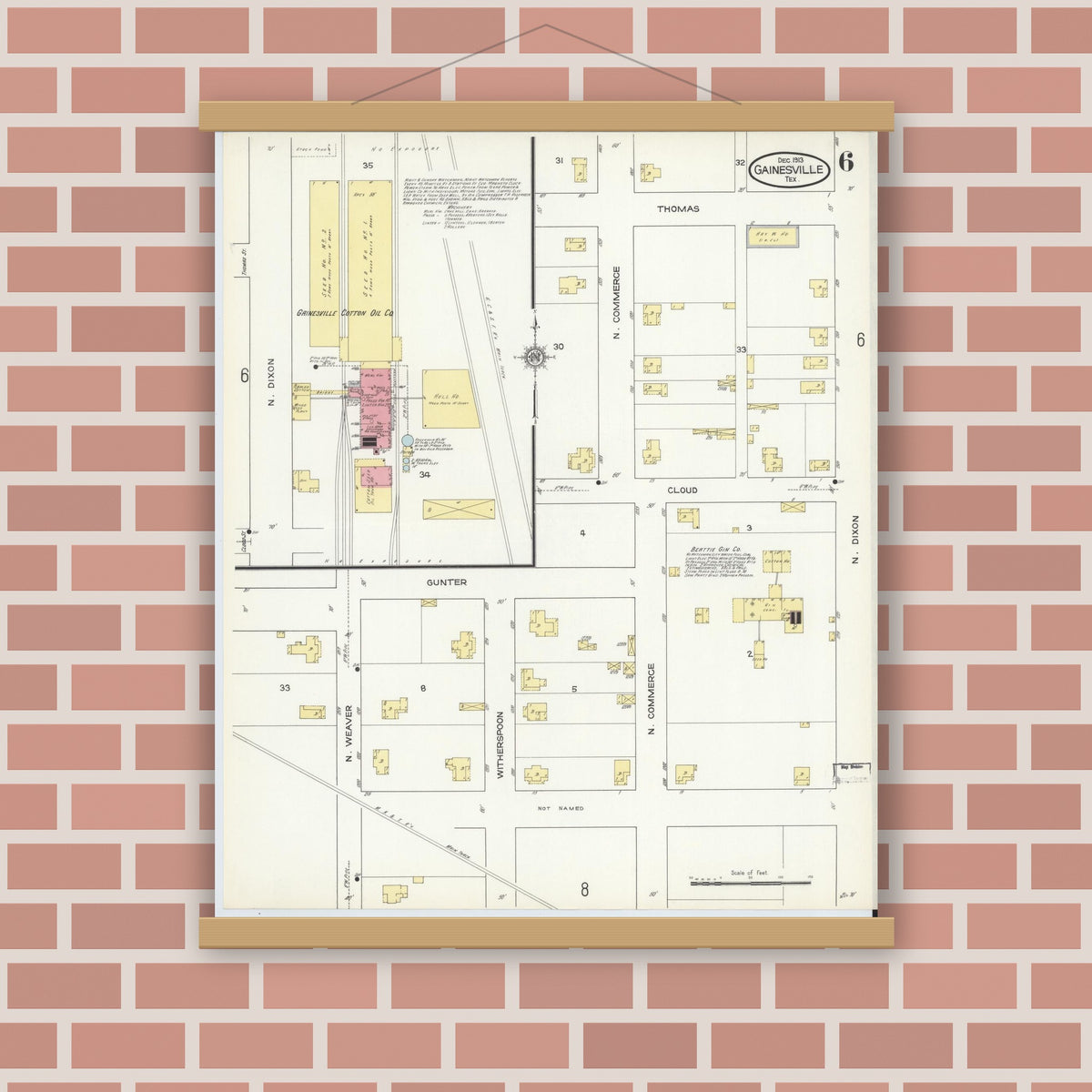 Old map wall art mockup — magnetic wood frame on brick wall — Sanborn Fire Insurance Map from Gainesville, Cooke County, Texas (1913), Sheet #0006