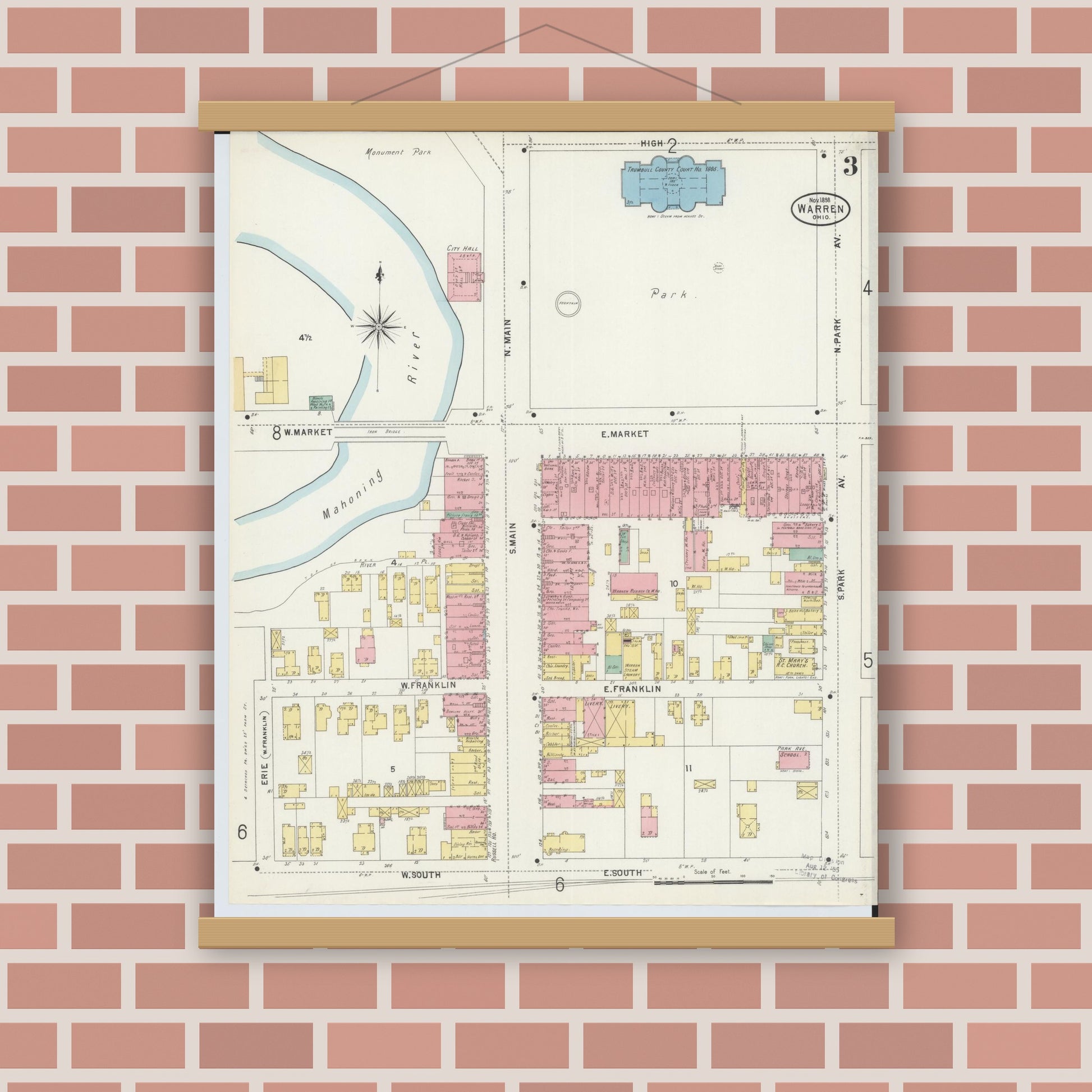 Old map wall art mockup — magnetic wood frame on brick wall — Sanborn Fire Insurance Map from Warren, Trumbull County, Ohio (1898), Sheet #0003