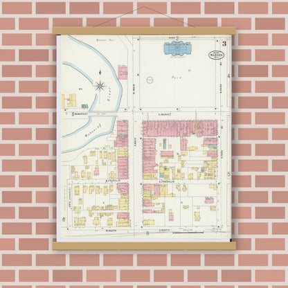 Old map wall art mockup — magnetic wood frame on brick wall — Sanborn Fire Insurance Map from Warren, Trumbull County, Ohio (1898), Sheet #0003