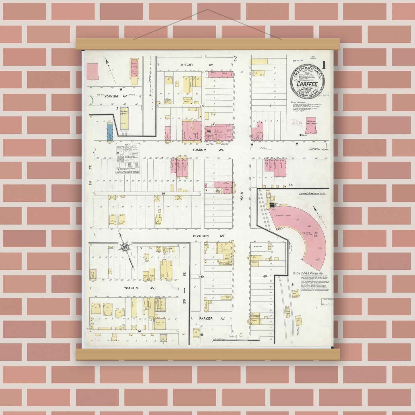 Old map wall art mockup — magnetic wood frame on brick wall — Sanborn Fire Insurance Map from Chaffee, Scott County, Missouri (1911) - Complete Map Set