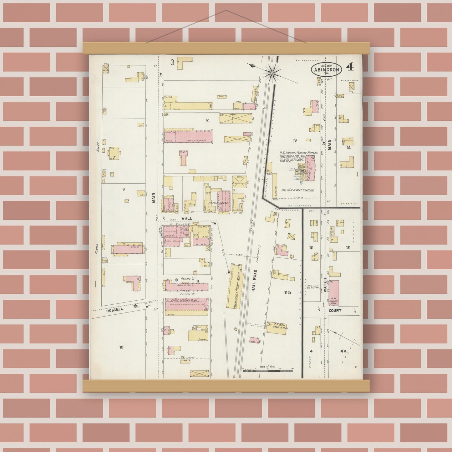 Old map wall art mockup — magnetic wood frame on brick wall — Sanborn Fire Insurance Map from Abingdon, Washington County, Virginia (1897), Sheet #0004