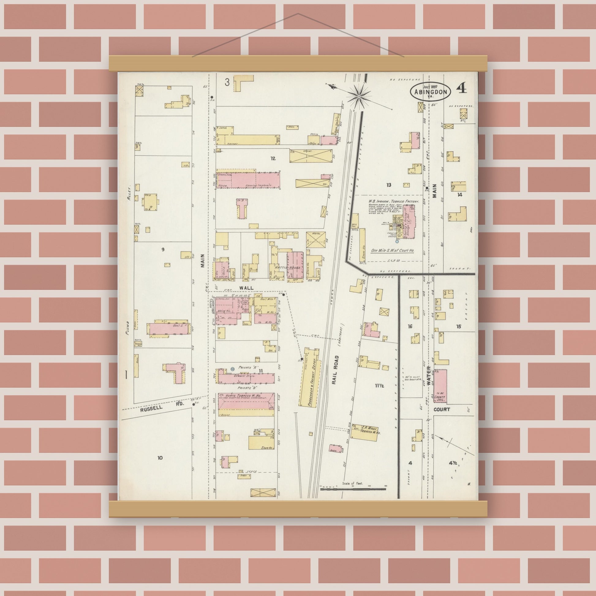 Old map wall art mockup — magnetic wood frame on brick wall — Sanborn Fire Insurance Map from Abingdon, Washington County, Virginia (1897), Sheet #0004