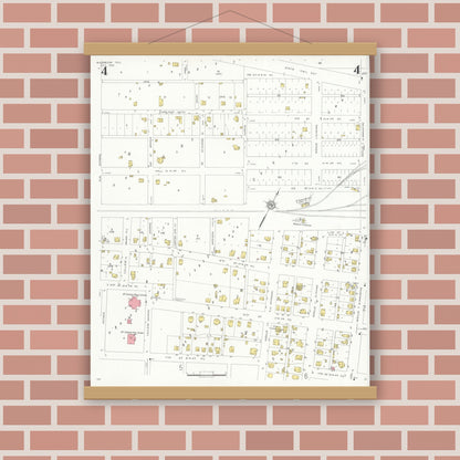 Old map wall art mockup — magnetic wood frame on brick wall — Sanborn Fire Insurance Map from McGregor, McLennan County, Texas (1932), Sheet #0004