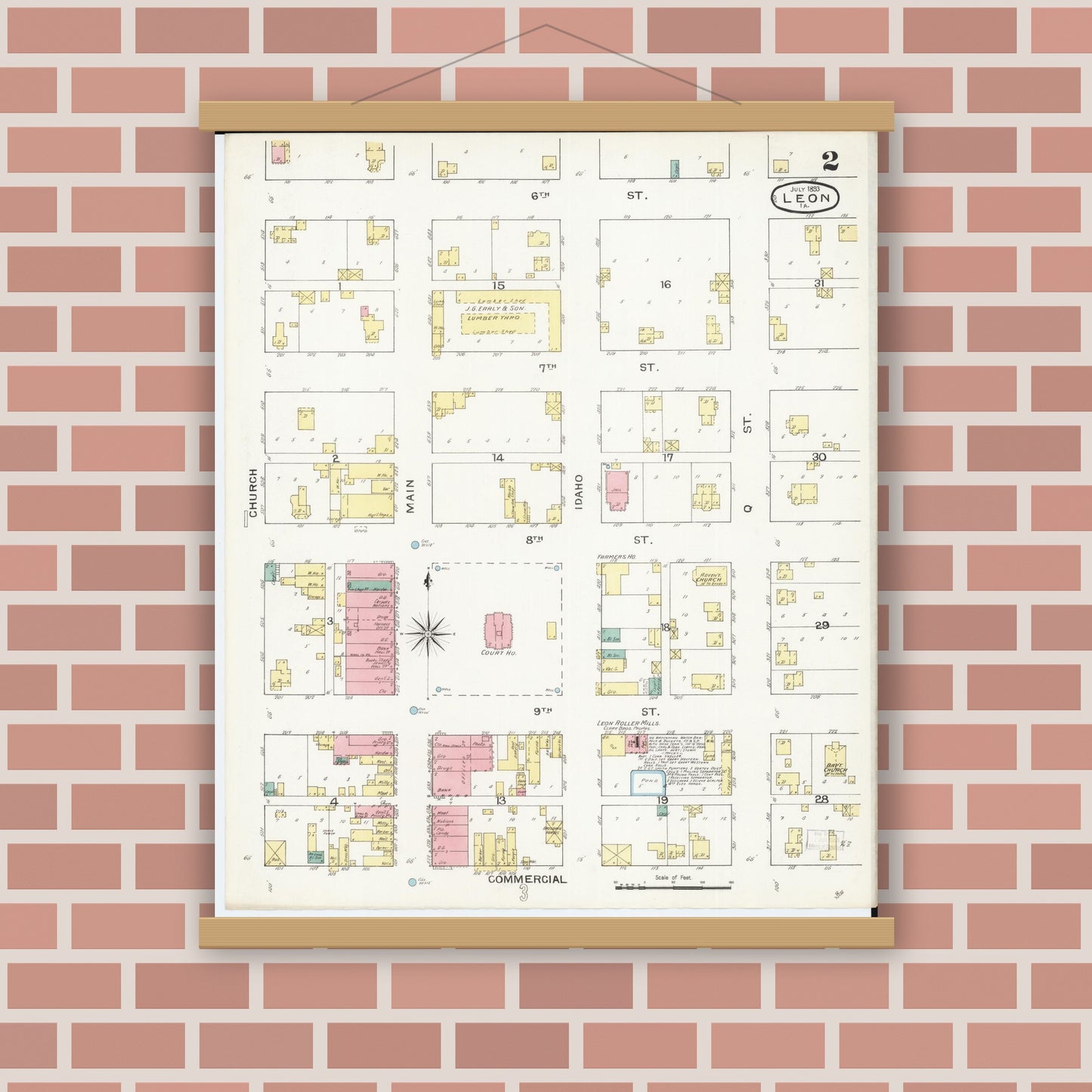 Old map wall art mockup — magnetic wood frame on brick wall — Sanborn Fire Insurance Map from Leon, Decatur County, Iowa (1893), Sheet #0002