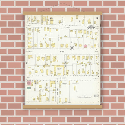 Old map wall art mockup — magnetic wood frame on brick wall — Sanborn Fire Insurance Map from Denton, Denton County, Texas (1907), Sheet #0003
