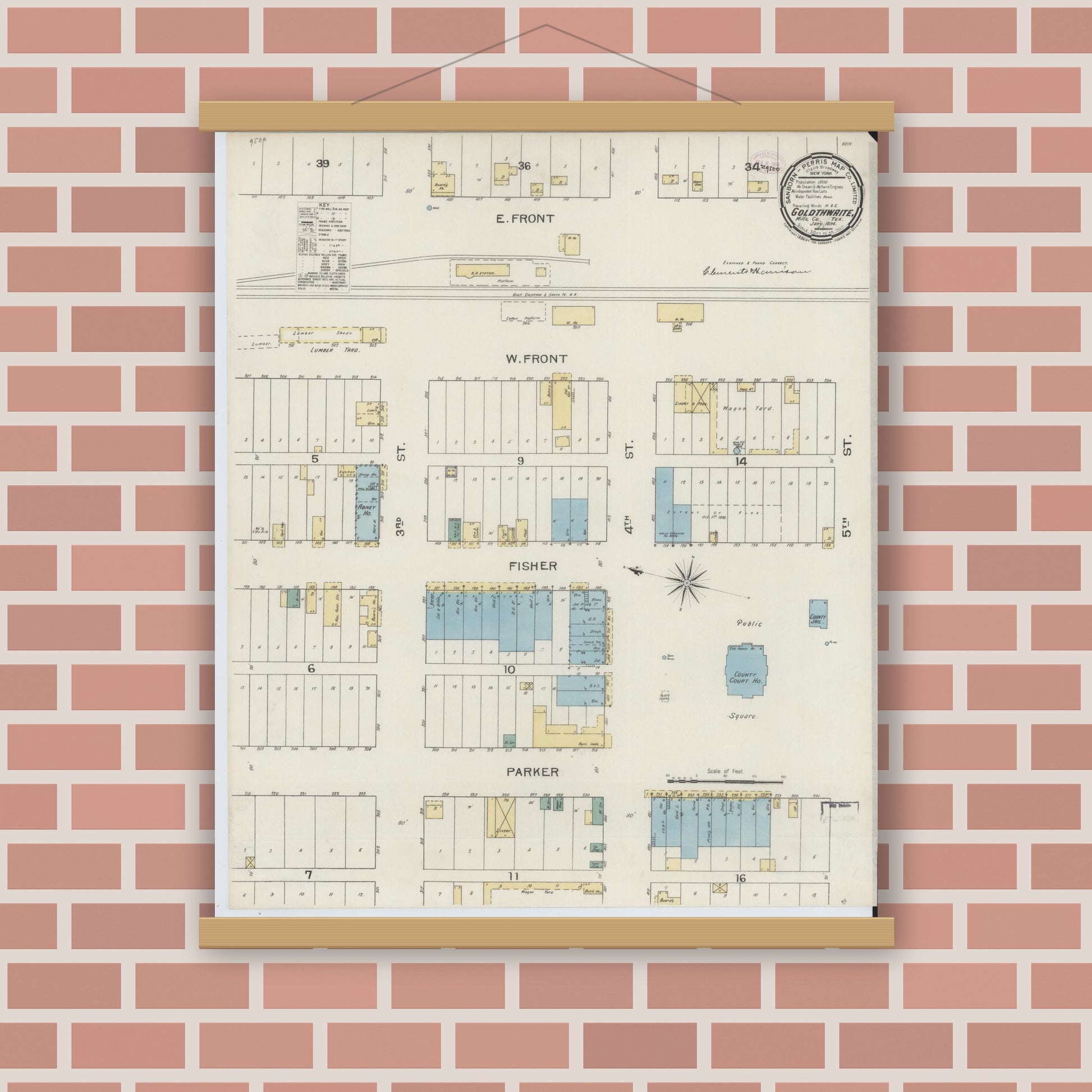 Old map wall art mockup — magnetic wood frame on brick wall — Sanborn Fire Insurance Map from Goldthwaite, Mills County, Texas (1894), Sheet #0001