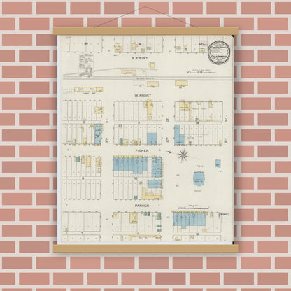 Old map wall art mockup — magnetic wood frame on brick wall — Sanborn Fire Insurance Map from Goldthwaite, Mills County, Texas (1894), Sheet #0001