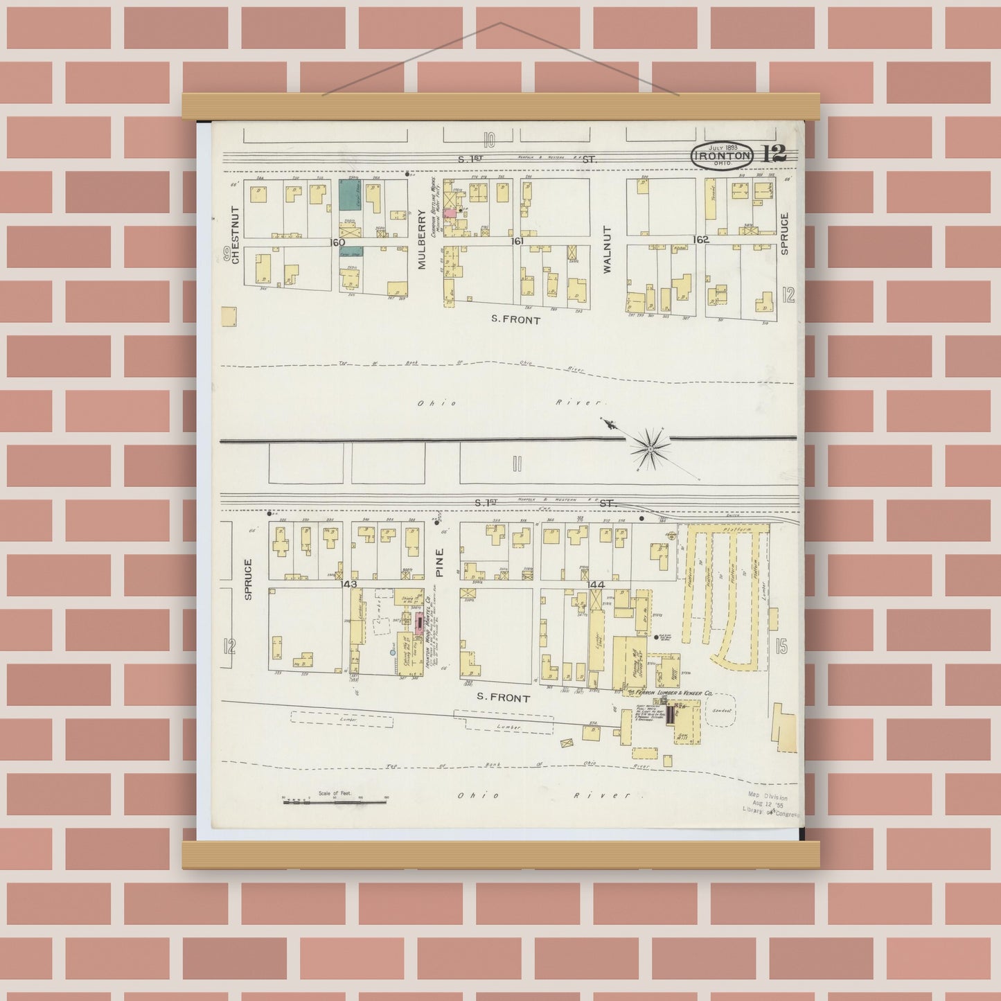 Old map wall art mockup — magnetic wood frame on brick wall — Sanborn Fire Insurance Map from Ironton, Lawrence County, Ohio (1893), Sheet #0012