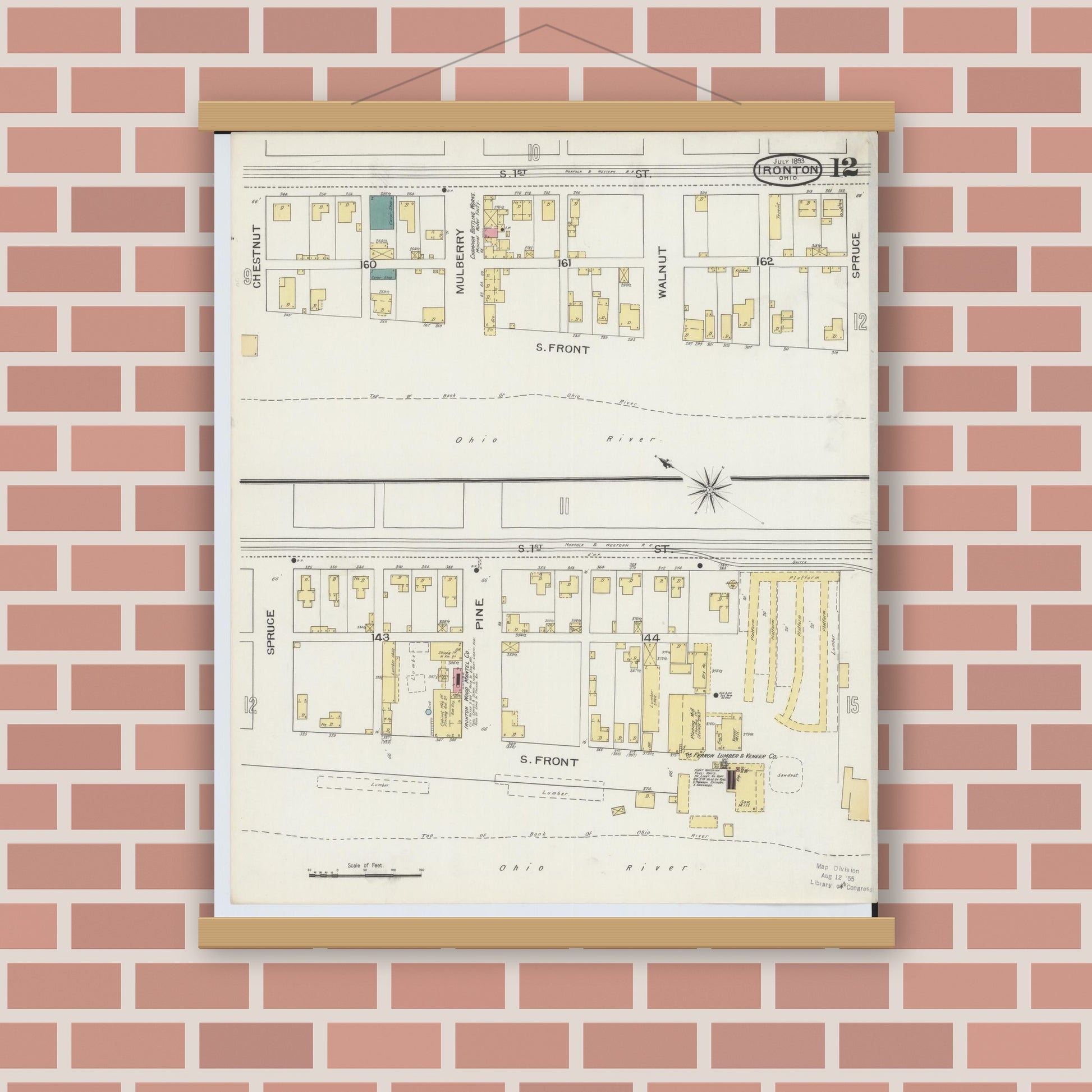 Old map wall art mockup — magnetic wood frame on brick wall — Sanborn Fire Insurance Map from Ironton, Lawrence County, Ohio (1893), Sheet #0012